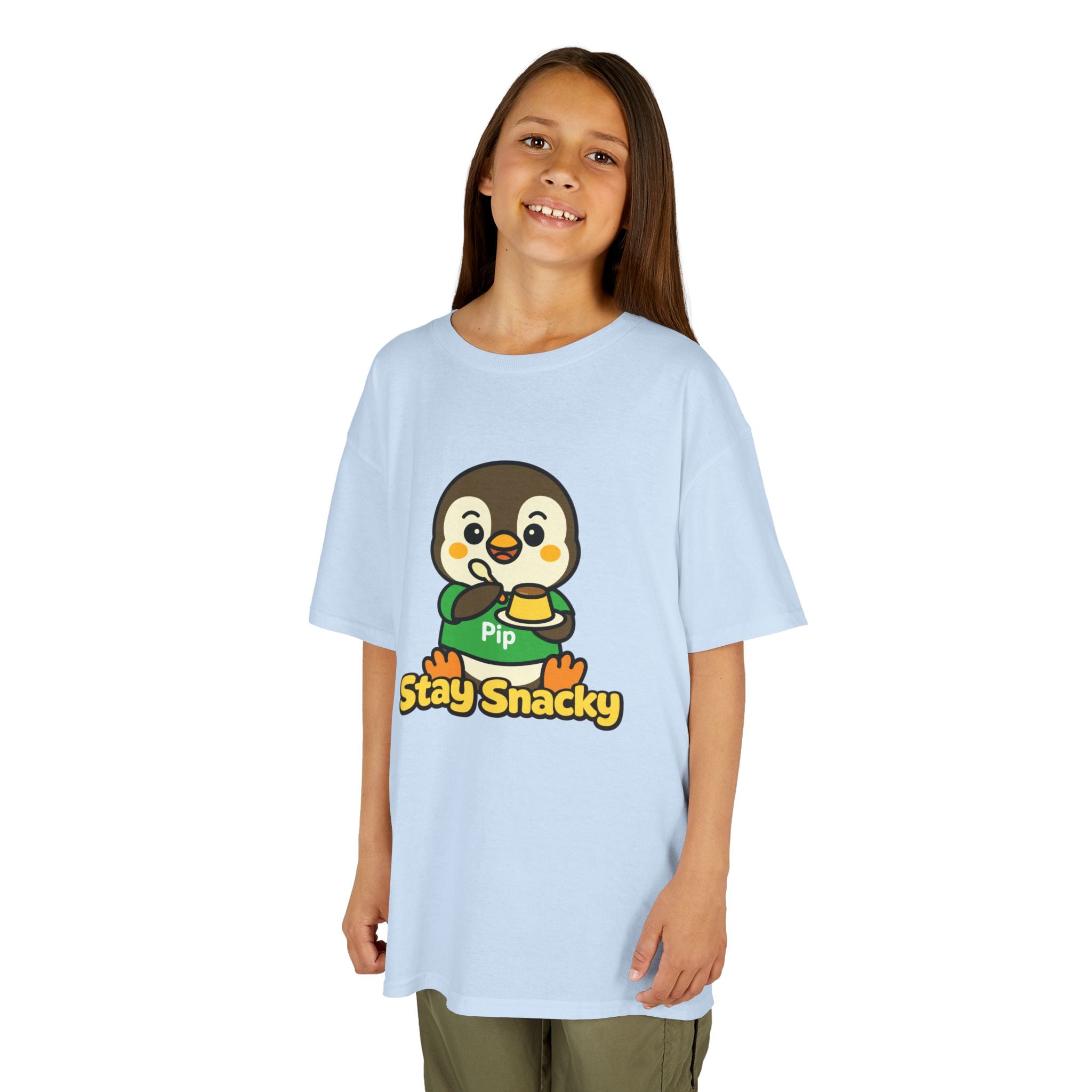 Stay Snacky Kids T-Shirt – Pip Penguin Pudding Cute Character Graphic Tee