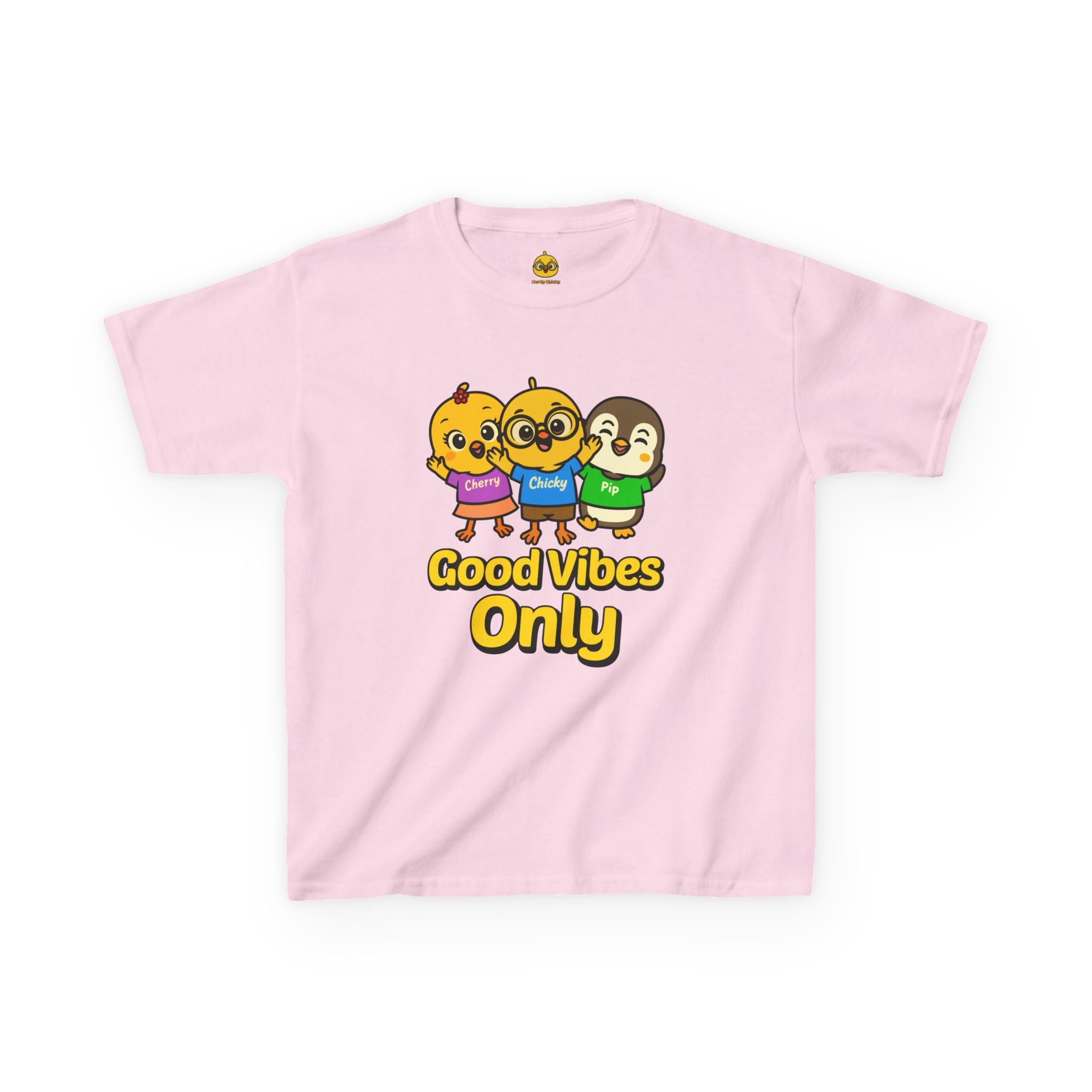 Good Vibes Only Kids T-Shirt – Chicky Cherry Pip Cute Cartoon Tee | Nerdy Chicky Positive Graphic Shirt