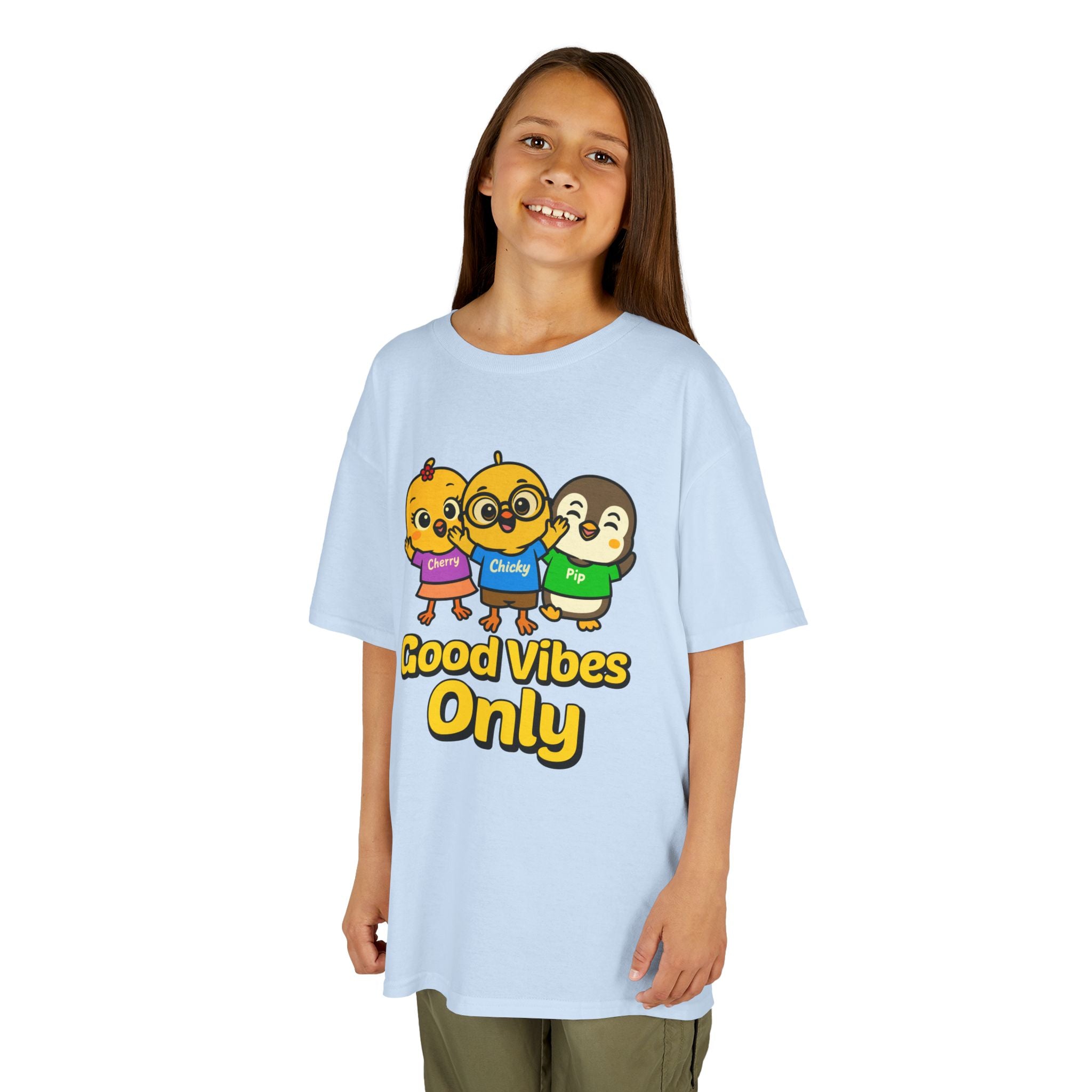 Good Vibes Only Kids T-Shirt – Chicky Cherry Pip Cute Cartoon Tee | Nerdy Chicky Positive Graphic Shirt