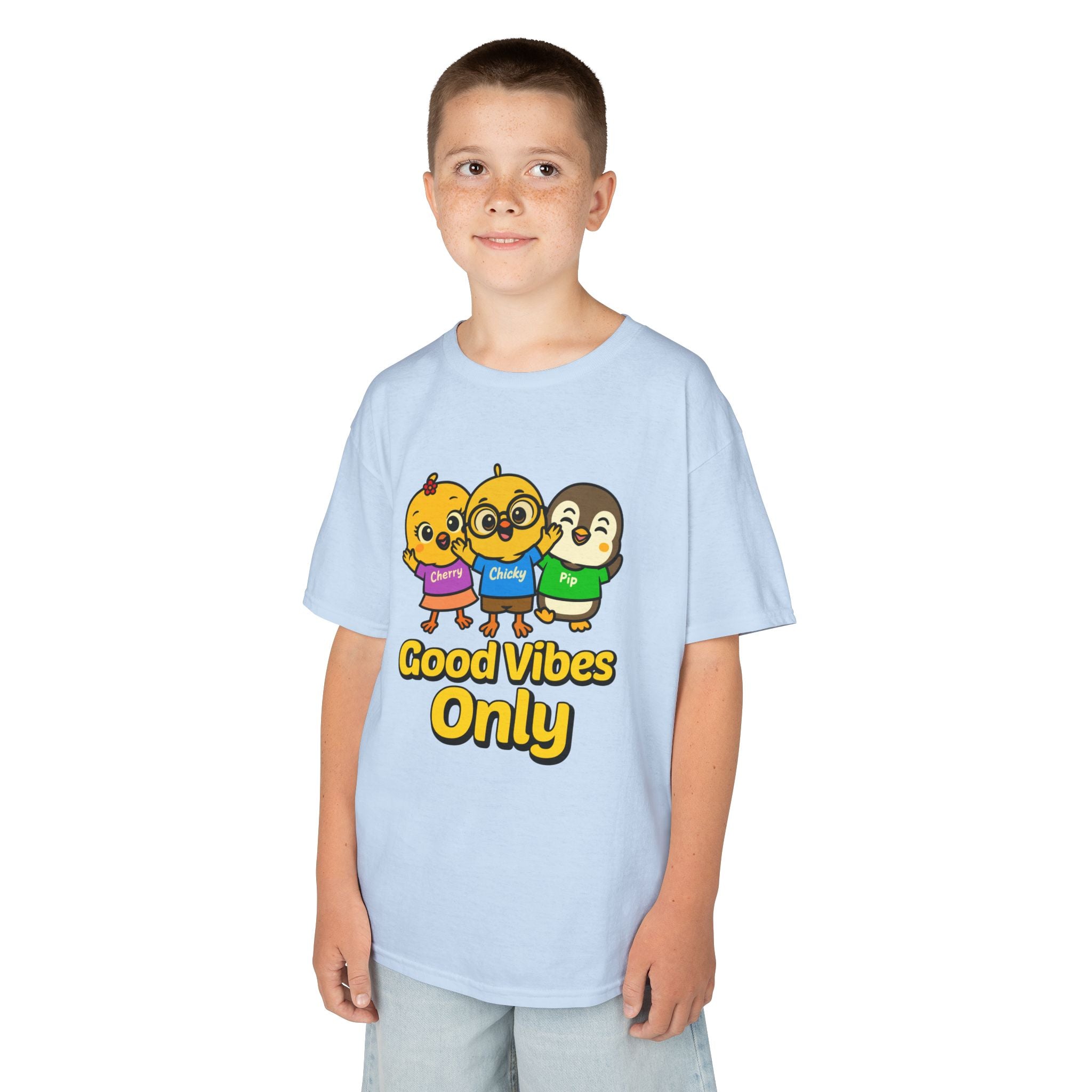 Good Vibes Only Kids T-Shirt – Chicky Cherry Pip Cute Cartoon Tee | Nerdy Chicky Positive Graphic Shirt