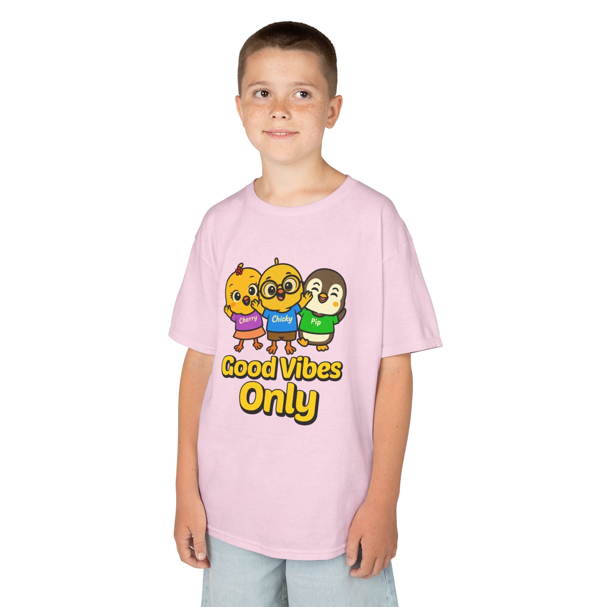 Good Vibes Only Kids T-Shirt – Chicky Cherry Pip Cute Cartoon Tee | Nerdy Chicky Positive Graphic Shirt