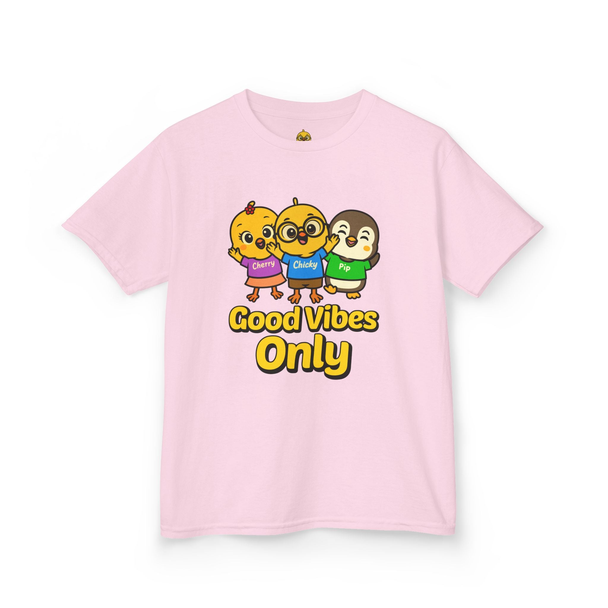 Good Vibes Only Kids T-Shirt – Chicky Cherry Pip Cute Cartoon Tee | Nerdy Chicky Positive Graphic Shirt
