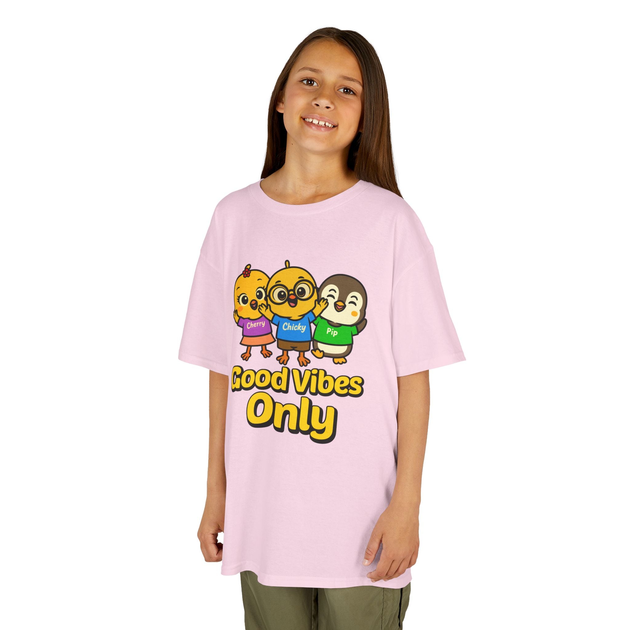 Good Vibes Only Kids T-Shirt – Chicky Cherry Pip Cute Cartoon Tee | Nerdy Chicky Positive Graphic Shirt