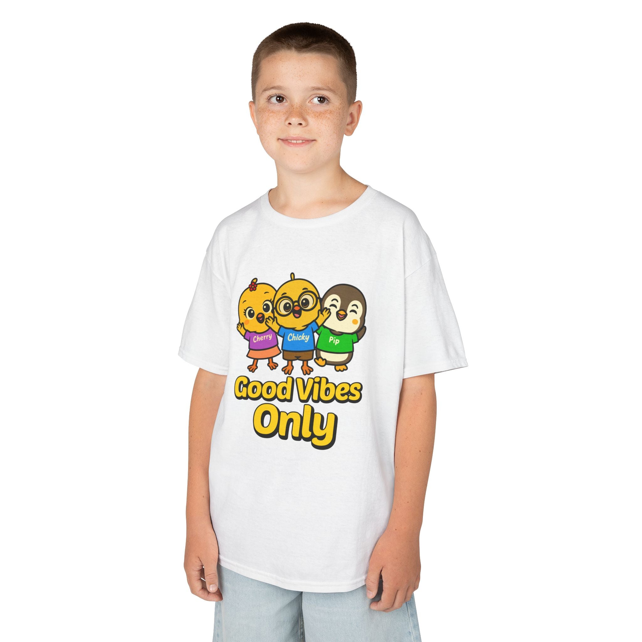 Good Vibes Only Kids T-Shirt – Chicky Cherry Pip Cute Cartoon Tee | Nerdy Chicky Positive Graphic Shirt