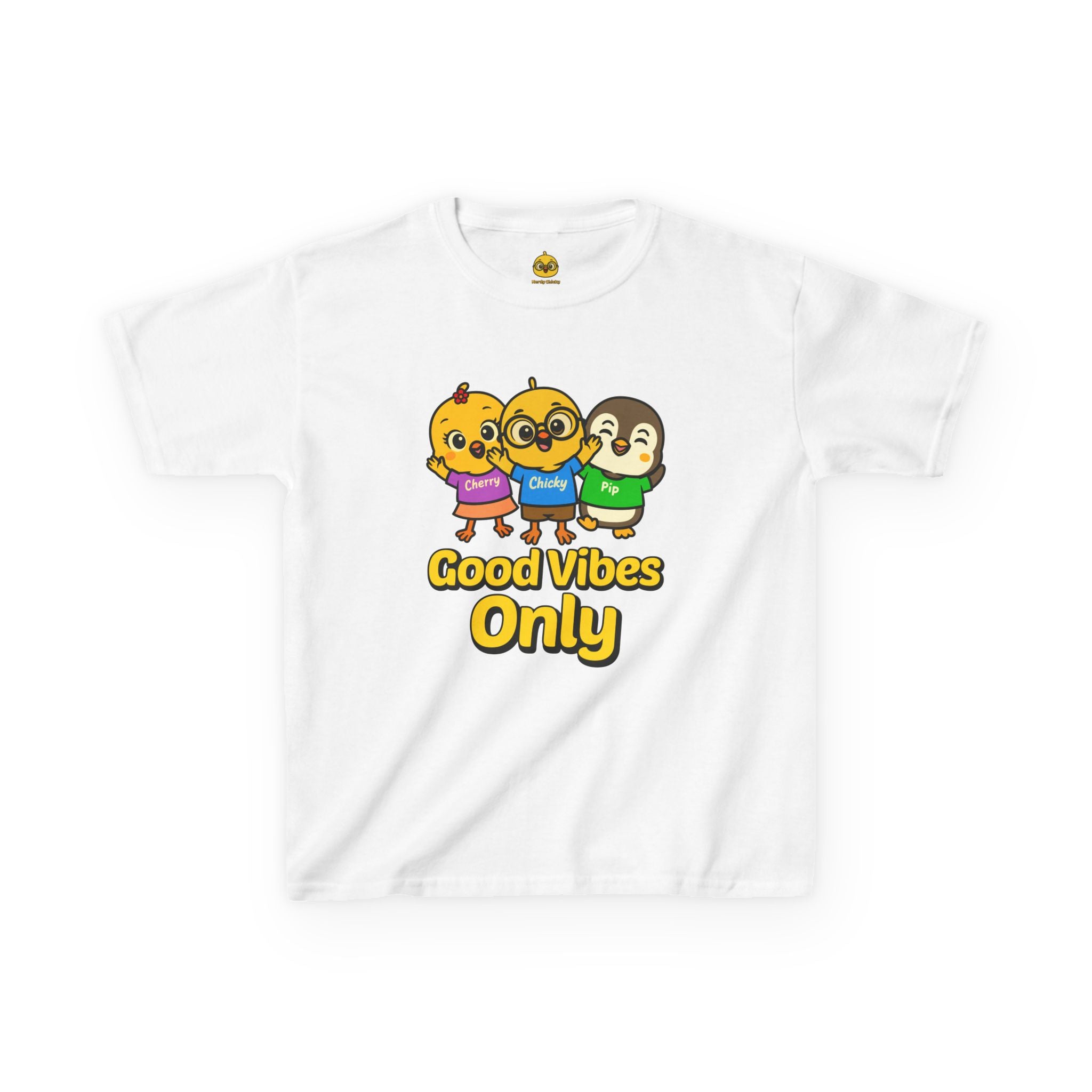 Good Vibes Only Kids T-Shirt – Chicky Cherry Pip Cute Cartoon Tee | Nerdy Chicky Positive Graphic Shirt