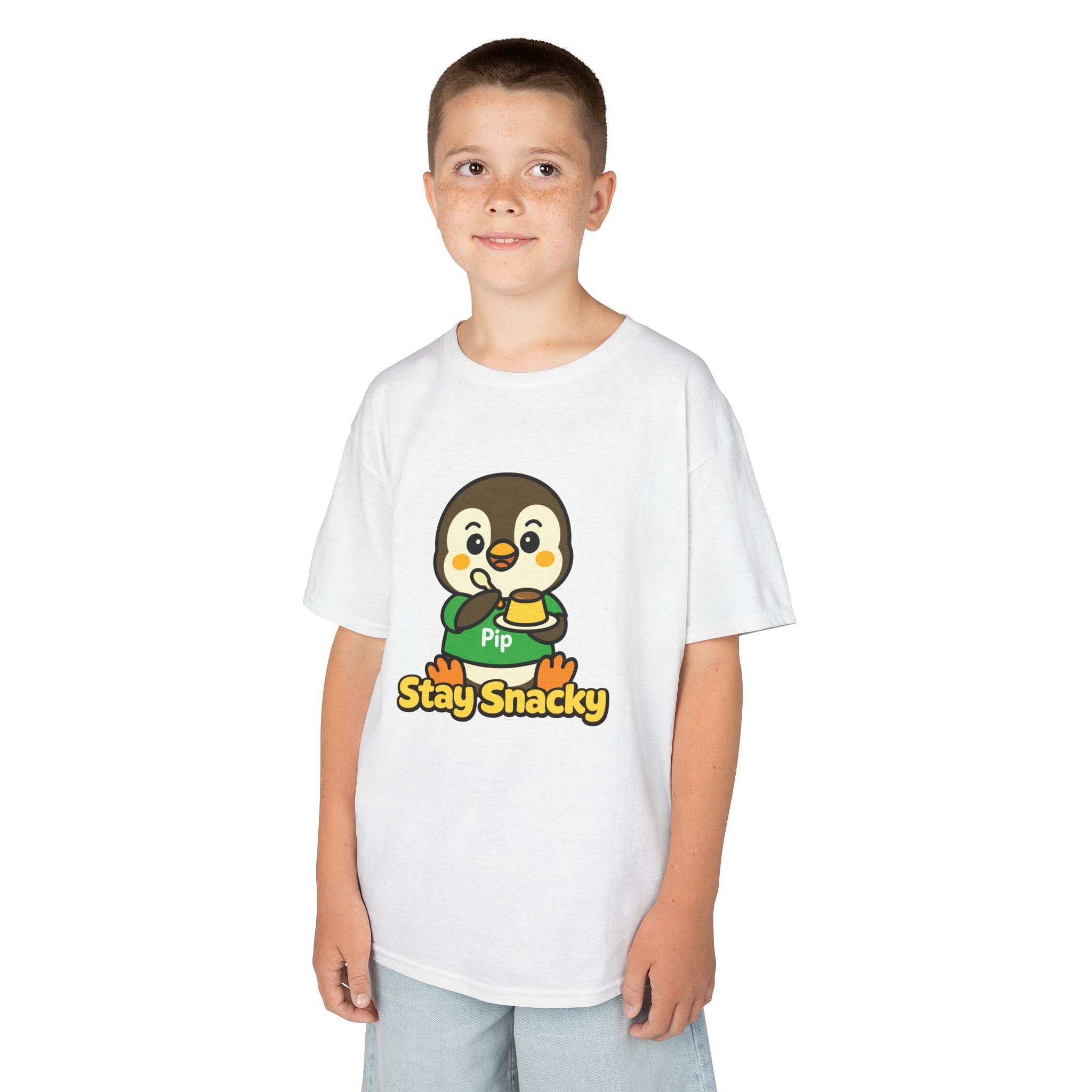 Stay Snacky Kids T-Shirt – Pip Penguin Pudding Cute Character Graphic Tee
