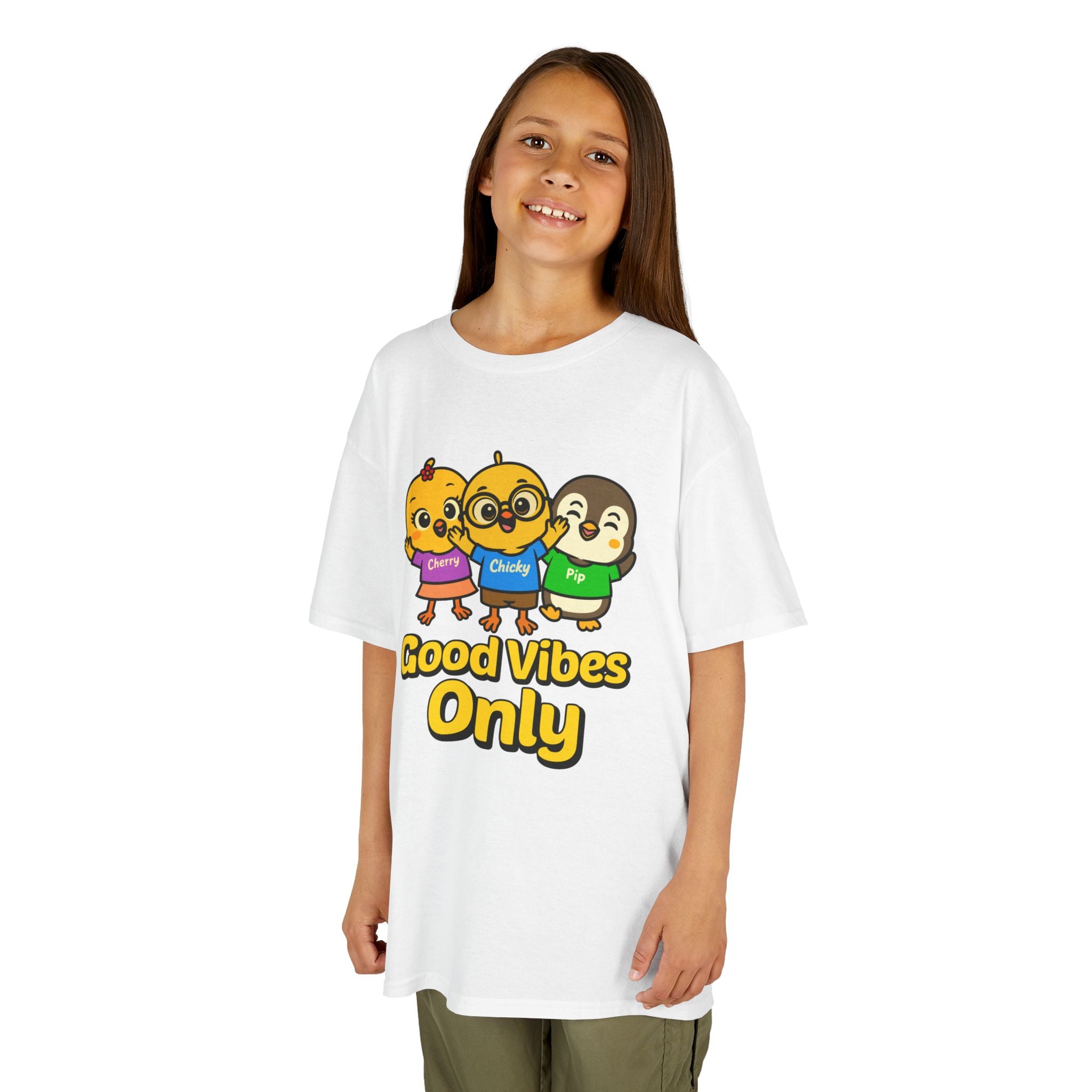 Good Vibes Only Kids T-Shirt – Chicky Cherry Pip Cute Cartoon Tee | Nerdy Chicky Positive Graphic Shirt