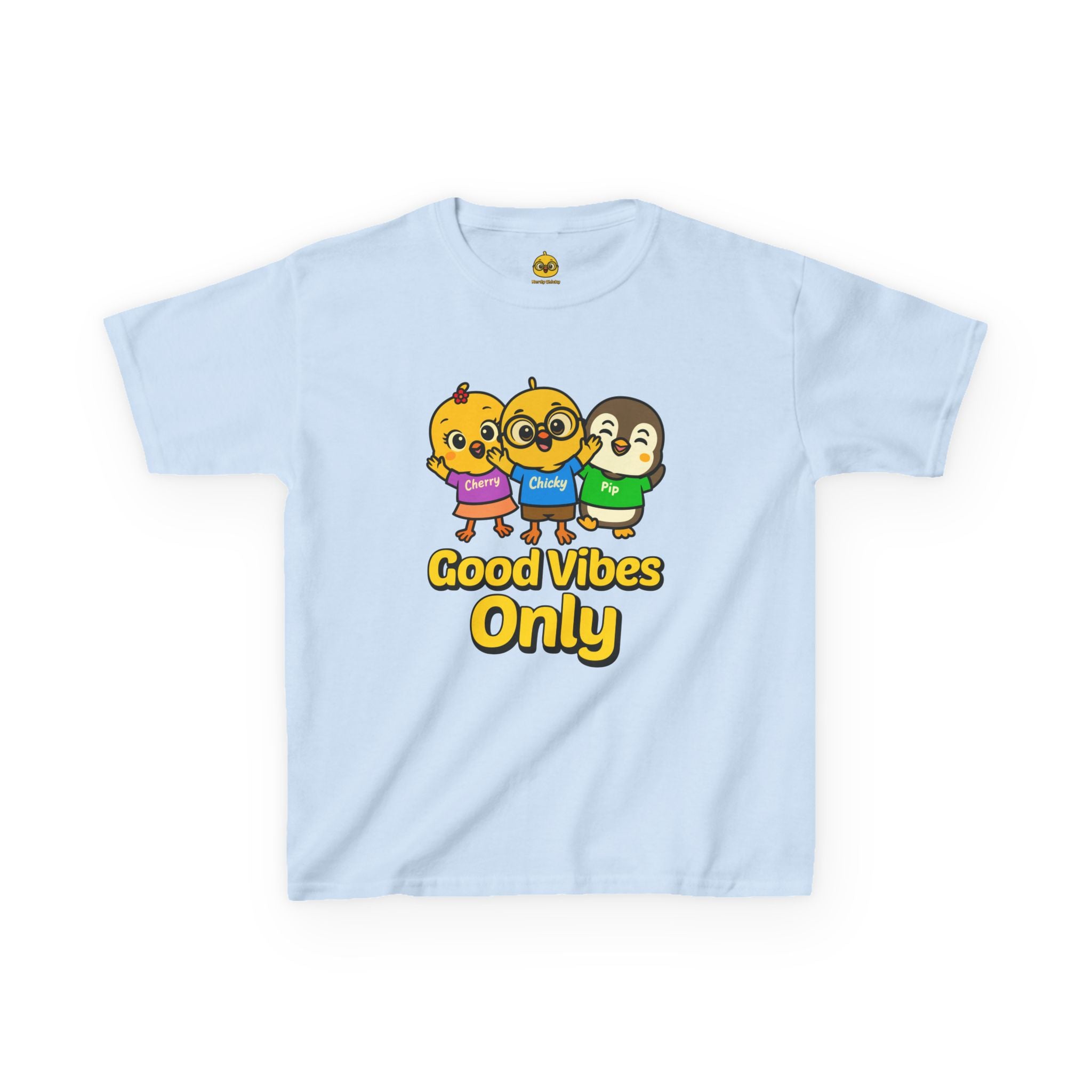 Good Vibes Only Kids T-Shirt – Chicky Cherry Pip Cute Cartoon Tee | Nerdy Chicky Positive Graphic Shirt